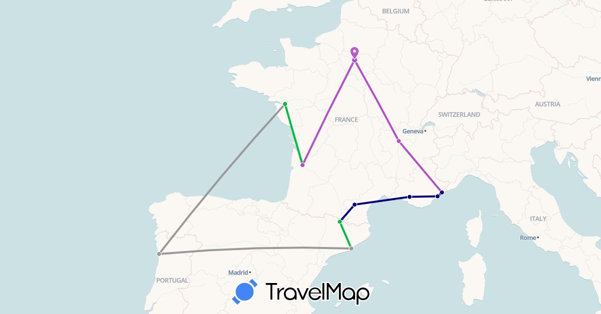 TravelMap itinerary: driving, bus, plane, train in Andorra, Spain, France, Portugal (Europe)